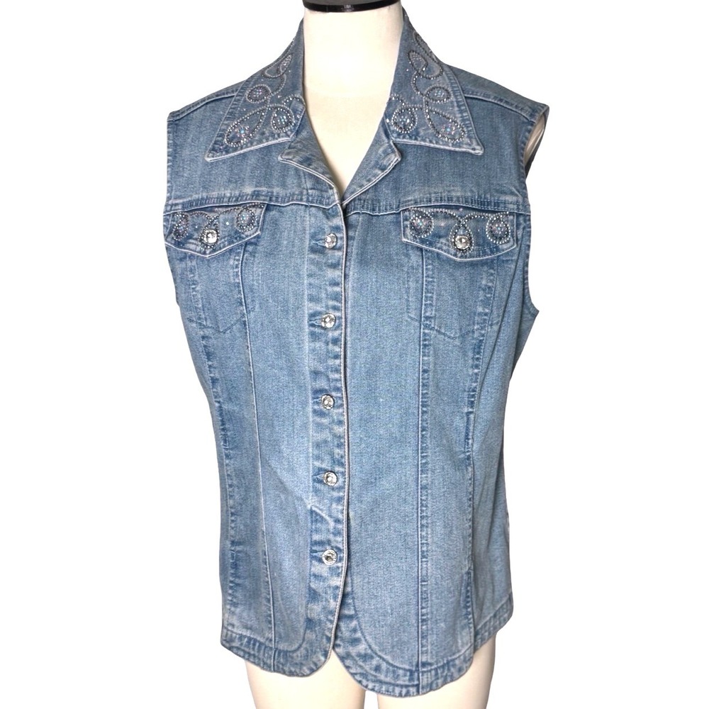 Christine Alexander Denim Vest Womens Large Festival Rhinestone Embellished Y2K